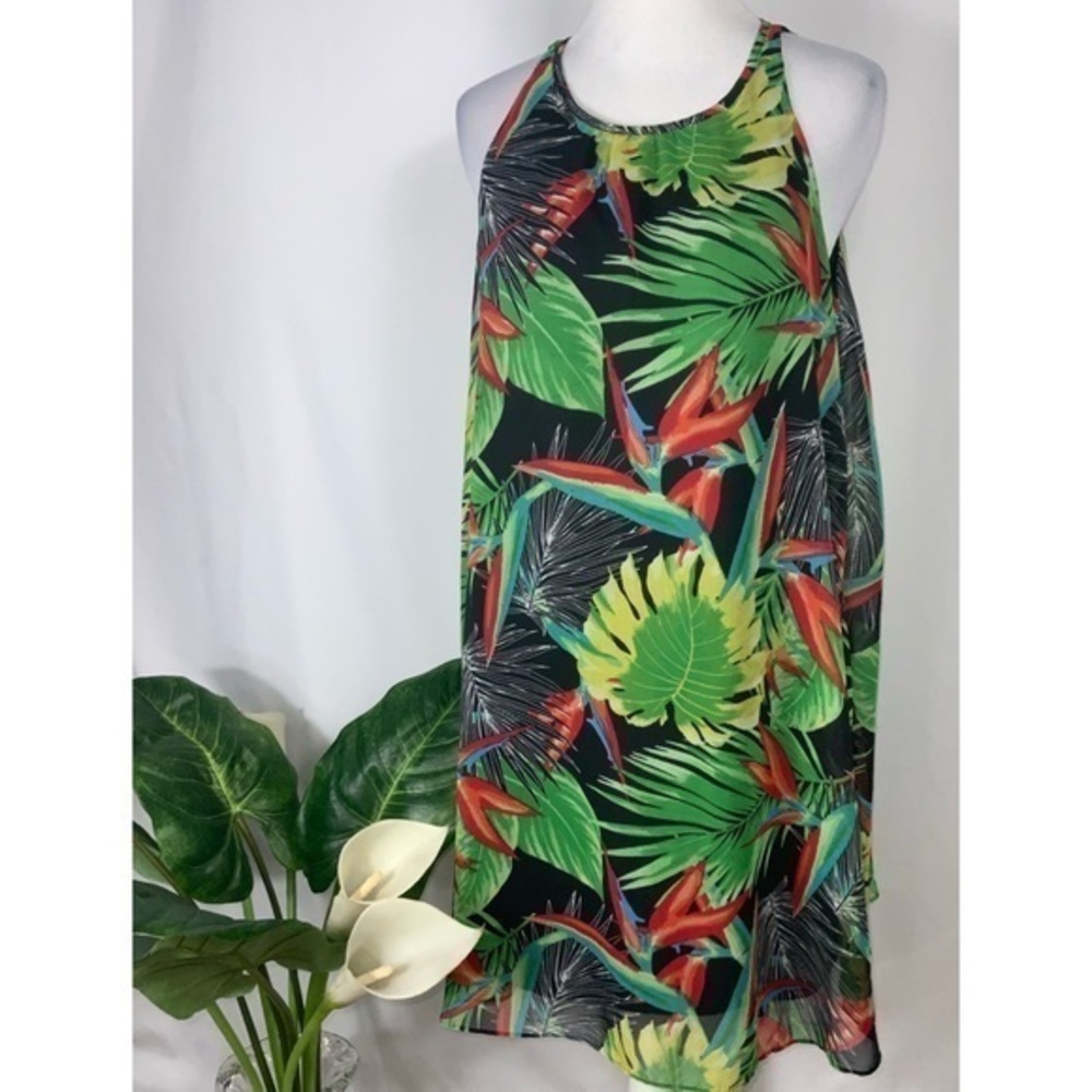 Gianni Bini Sleeveless Black, Orange & Green Shift Casual Tropical Dress Small